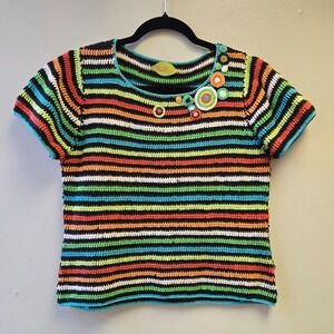 Vintage Prima Bella Hand-Crocheted Striped Rainbow‎ Boho Top M Gypsy Cottage